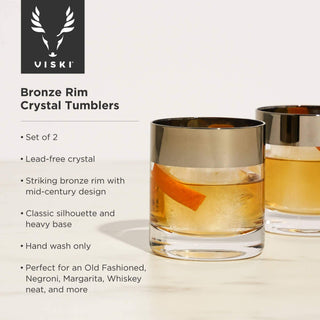 Irving Bronze-Rimmed Crystal Lowball Tumblers set of 2, mid-century design, lead-free crystal, hand wash care.
