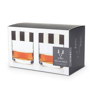 Irving Bronze-Rimmed Crystal Lowball Tumblers set of 2 in stylish packaging, showcasing mid-century modern design.