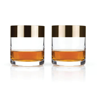 Set of 2 Irving™ bronze-rimmed crystal lowball tumblers showcasing mid-century modern design.