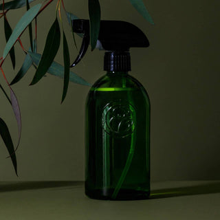Apothecary recycled glass trigger spray bottle ideal for Koala Eco products, set against a green background with foliage.