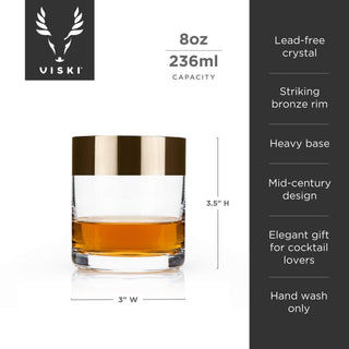 Irving Bronze-Rimmed Crystal Lowball Tumblers with elegant design and striking bronze trim, ideal for cocktails, set of 2.