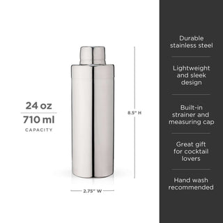 Polished stainless steel cocktail shaker, 24 oz capacity, lightweight design, ideal for professional use, hand wash recommended.