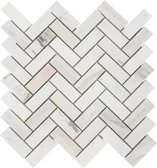 Angora 12x12 herringbone polished tile, featuring a chic white pattern ideal for flooring and wall decor.
