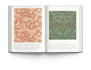 Open book showcasing William Morris's iconic wallpaper designs in vibrant colors and detailed floral patterns.