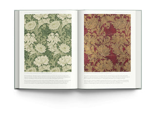 Two-page spread showcasing William Morris wallpaper designs, featuring floral patterns in green and red hues.