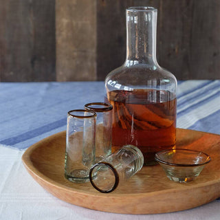 Amber Rim Cordial Glasses and a Bottle on a Wooden Tray, Ideal for Serving Liqueurs and Cocktails