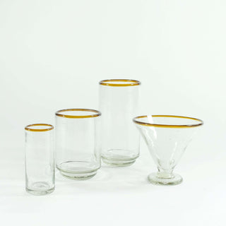 Set of four Amber Rim Cordial Glasses, perfect for cocktails, featuring stylish amber accents on each glass.