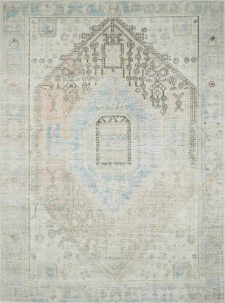 Baloy vintage washable rug with a boho design in blush, light blue, and cream for living room or nursery decor.