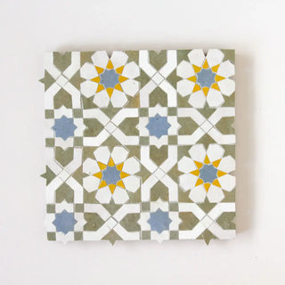 Snow, Avocado, Mustard & Blue Grass - Moroccan Zellige Flower Mosaic by Tilesofezra