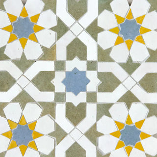 Snow, Avocado, Mustard & Blue Grass - Moroccan Zellige Flower Mosaic by Tilesofezra