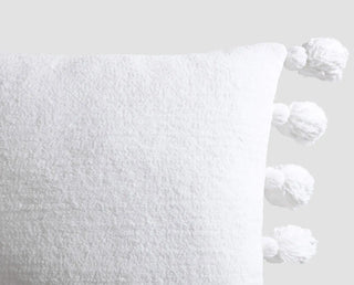 Soft microfiber pom pom throw pillow with fuzzy white balls, OEKO-TEX certified, perfect for home decor.