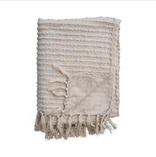 Winter Nights Cotton & Acrylic Throw w/ Fringe, Stripes & Gold Thread, Beige & White