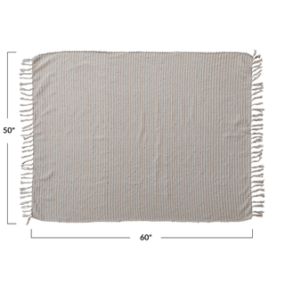 Winter Nights Cotton & Acrylic Throw w/ Fringe, Stripes & Gold Thread, Beige & White