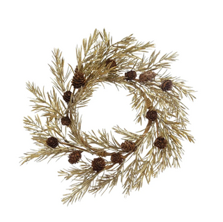 Round Faux Pine Wreath with Pinecones, Gold Finish