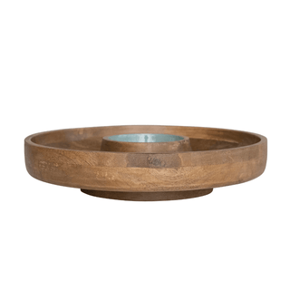 Mango Wood Lazy Susan Server w/ 2 Sections & Enameled Center, Natural & Blue