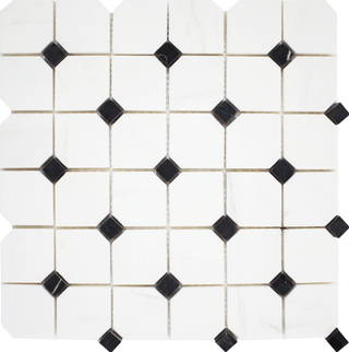 Bianco Venato & Black Dot Polished 2" Hex Marble Mosaic tile, perfect for bathrooms and kitchens, sold by piece.