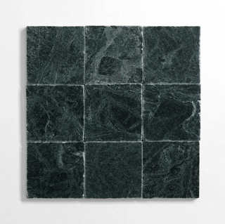 Guatemala Green 4"x4" tumbled tile with rich green tones and dark veins, perfect for custom finishes and sizes.