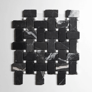 Nero St. Gabriel crystal white basket weave mosaic tile showcasing deep black and bright white veining design.