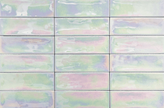 Iris Subway Tile 2"x6" in soft pastel iridescent color, perfect for modern kitchen or bathroom decor.