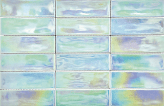 Iris Subway Tile in 2x6 inches showcasing a glossy iridescent finish with shades of blue and green.
