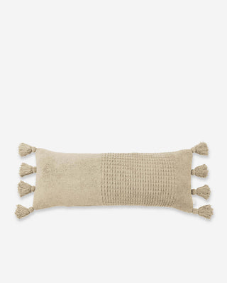Braided pom pom lumbar pillow with memory foam, removable cover, OEKO-TEX® certified design, stylish and cozy accent.