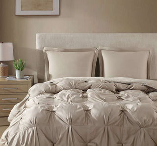 Premium Bamboo Bubble Comforter and shams on bed, showcasing soft, breathable bedding for year-round comfort.