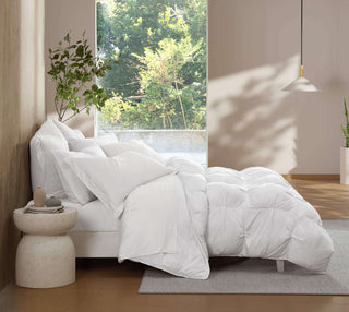 Cozy premium bamboo bubble comforter and shams on a stylish bed, perfect for year-round comfort and sustainability.