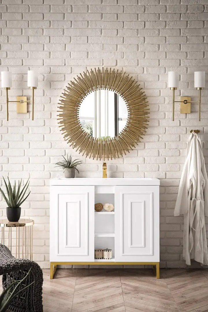 Alicante' 39.5" Single Vanity Cabinet, Glossy White, Radiant Gold