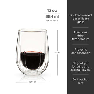 Double-walled stemless wine glass with red wine, 13oz capacity, elegant design for wine lovers, dishwasher safe.