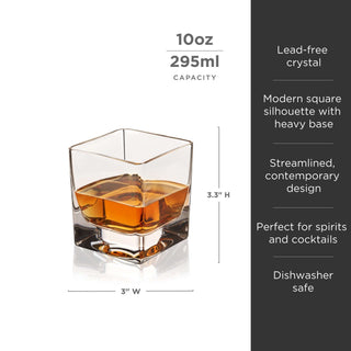 Braque Crystal Rocks Glasses, 10oz lead-free crystal, modern square design, perfect for whiskey and cocktails.