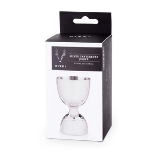 Silver Canterbury jigger in packaging, made of stainless steel for precise cocktail mixing.