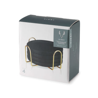 Set of 4 sleek black earthenware coasters with gold stand for storage, ideal for home decor.