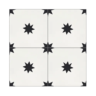Estrellas White 8x8" tile showcasing intricate star pattern in black and white, ideal for elegant home decor.