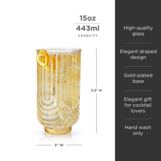 Gatsby Highball Glass showcasing elegant draped design, gold-plated base, and 15 oz capacity for crafted cocktails.