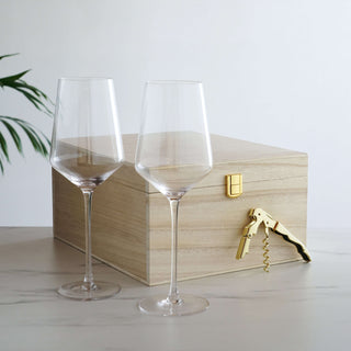 Crystal Bordeaux glasses and gold corkscrew gift box set, perfect for housewarming and wine lovers.