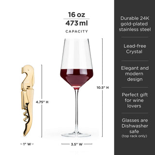 Crystal Bordeaux wine glasses and gold-plated corkscrew with dimensions, ideal for wine lovers and elegant gifting.