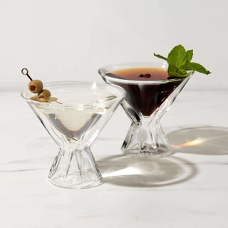 Double walled stemless martini glasses showcasing cocktails, designed for temperature control and condensation prevention.