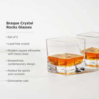 Braque Crystal Rocks Glasses set of 2 in lead-free crystal with modern square design, perfect for whiskey and cocktails.