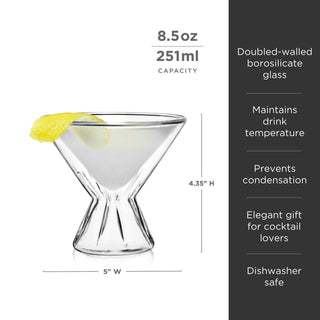 Double-walled 8.5 oz borosilicate martini glass with lemon garnish, dishwasher safe, perfect for cocktails.