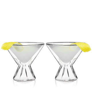 Set of two double-walled martini glasses with lemon garnish, ideal for savoring cocktails in style.