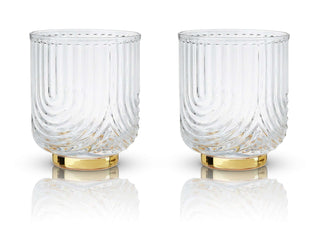 Set of 2 Gatsby Tumblers, polished gold and glass with elegant ridges, perfect for cocktails, Gilded Age style.
