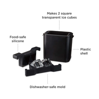 Glacier Rocks Clear Ice Maker with mold for 2 square ice cubes, made of food-safe silicone and dishwasher-safe plastic.