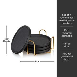 Set of 4 round black earthenware coasters with gold stand, featuring raised rims for style and functionality.