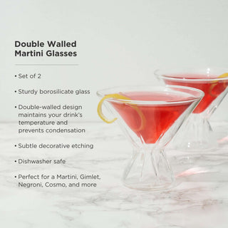 Double walled martini glasses, set of 2, made from borosilicate glass, elegant design prevents condensation.