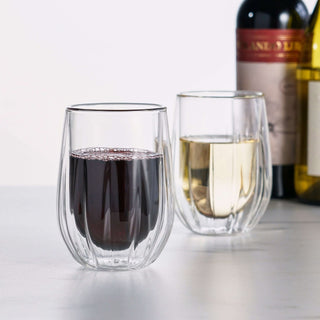Double-walled stemless wine glasses set of 2, perfect for maintaining wine temperature and preventing condensation.