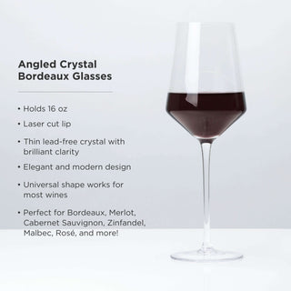 Angled crystal Bordeaux wine glass holding 16 oz, featuring a modern design for red wines like Merlot and Cabernet Sauvignon.