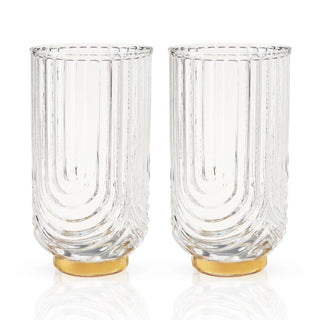 Set of 2 Gatsby highball glasses in clear lead-free crystal with gold electroplated base, ideal for cocktails.