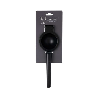 Citrus press in matte black, perfect for juicing lemons and limes, stylish powder-coated aluminum design.
