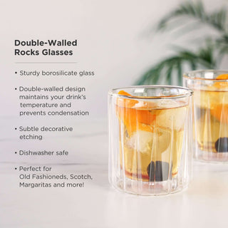 Set of 2 double-walled rocks glasses made of borosilicate glass, perfect for cocktails without condensation.