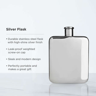 High-shine silver stainless steel flask with leak-proof cap and modern design, perfect for gifts and portability.
